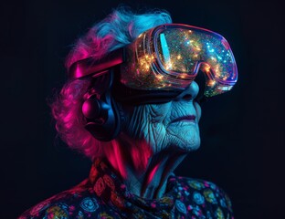Elderly woman immersed in virtual reality, gazing up at starlit night sky with eyes closed