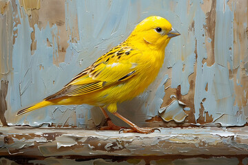Yellow canary bird sitting on a window sill with an abstract background