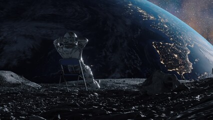 Stunning 3D animation of an astronaut lounging on the moon, Earth's horizon in the backdrop, under a starlit sky.