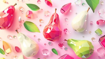 a group of colorful pears and leaves on a white and pink background with drops of water on the surface.