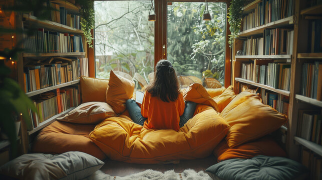 A woman is sitting on a bed in a room filled with books