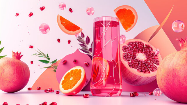 pomegranates, oranges, and grapefruits are arranged around a pink blender.