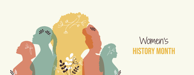 Women's History Month banner with silhouettes of different girls. Diversity of religions, ages and races - obrazy, fototapety, plakaty