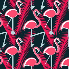 Fotobehang seamless pattern with feathers,background, beautiful, wildlife, wild, colorful, decoration, white, beauty, flamingo, beak, natural, zoo, fauna, element, neck, red, travel, fabric, vector, paradise © Bold decisions