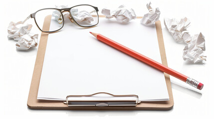 Clipboard with glasses, pencil with pieces of paper.