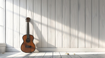 Close-up of a ukulele leaning against a white wall.
