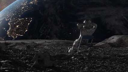 3D animation of an astronaut in repose, Earth looms large in the background, a cosmic ballet of stars twinkles above.