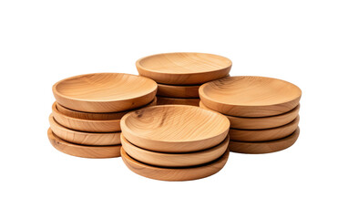 A stack of wooden plates is arranged neatly on top of each other showcasing their natural wood grain and simplistic design. The plates are in various sizes creating a visually interesting composition.