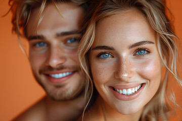Close up portrait of beautiful young woman and man looking at camera and smiling