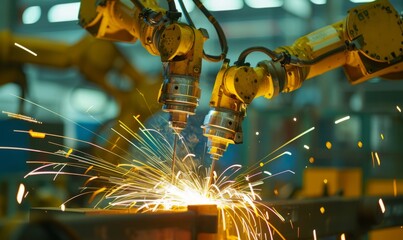  two automated welding robot arms working in tandem, creating a vivid display of sparks as they weld metal parts together in an industrial setting