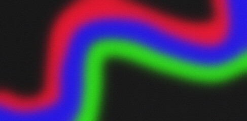Green blue red illuminated spots on black, grainy color gradient background, noise texture effect, copy space	