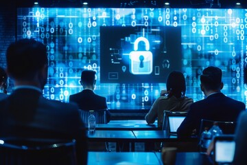 Professionals gather in a high-tech control room, focusing on a cybersecurity workshop.