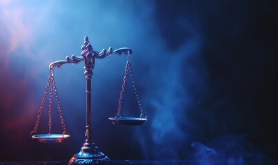  a balance scale against a dark blue background with smoke or fog. The scale represents the concept of justice, law, and fairness