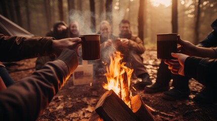 Close-up of friends raising a toast with mugs of tea, Coffee at a campsite by a campfire in the forest. Travel, Vacations, Hiking, Picnic, Lifestyle, Summer concepts. - obrazy, fototapety, plakaty