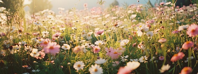 Meadow with vibrant chamomile flowers and a blurred background, creating a picturesque floral Banner