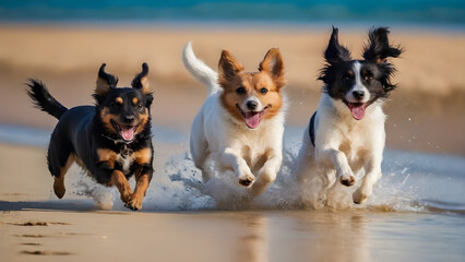 three dogs playing on the beach generative ai