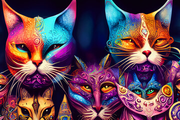 Verschiedene Katzen - Köpfe, farbenfroh coloriert