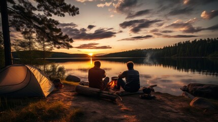 Back view Silhouettes of two male friends relaxing in a camping with tents, Sitting near a campfire on the lake shore in the evening or at night. Travel, Vacations, Hiking, Lifestyle, Summer concepts. - obrazy, fototapety, plakaty