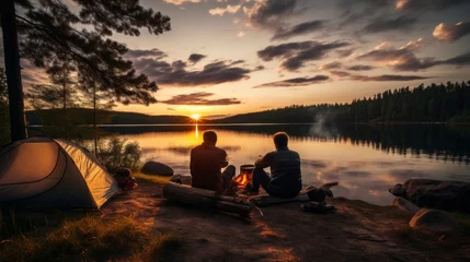 Poster Back view Silhouettes of two male friends relaxing in a camping with tents, Sitting near a campfire on the lake shore in the evening or at night. Travel, Vacations, Hiking, Lifestyle, Summer concepts. © liliyabatyrova