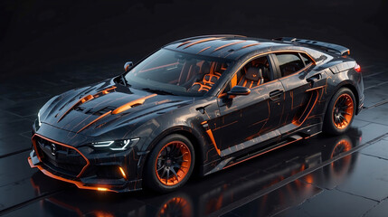 Obraz premium A brandless, dark-colored sports car with orange accents, illuminated in a dimly lit environment
