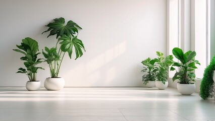 Empty room with white wall and plants on the floor.