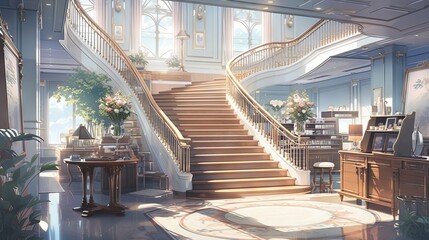 Anime-style illustration of a foyer with a curved staircase, muted colors, and bright lighting