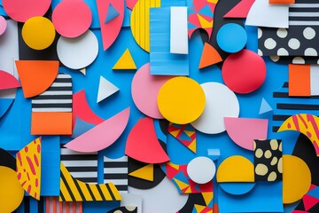 Vibrant and colorful paper cutouts on blue wall with black, white, red, and yellow abstract shapes