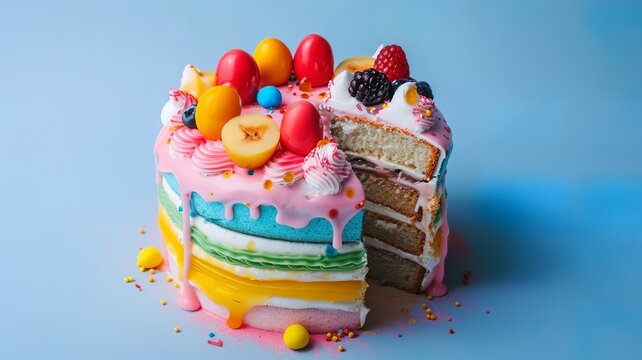 an image created by artificial intelligence of a special, unique, cute cake that will brighten up any occasion with its colors and decorations