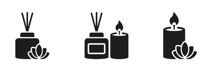 Aroma Candles For SPA, Home Decoration Silhouette Icon Set. Perfume Stick, Reed Diffuser Pictogram. Scented Candle Symbol Collection. Fragrance Therapy For Relax Sign. Isolated Vector Illustration