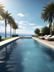 Fototapeta premium photo realistic of a swimming pool, outdoor, with view of a blue sky, cinematic photography, 8K, HD