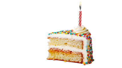 Slice of delicious birthday cake with candle on transparent background