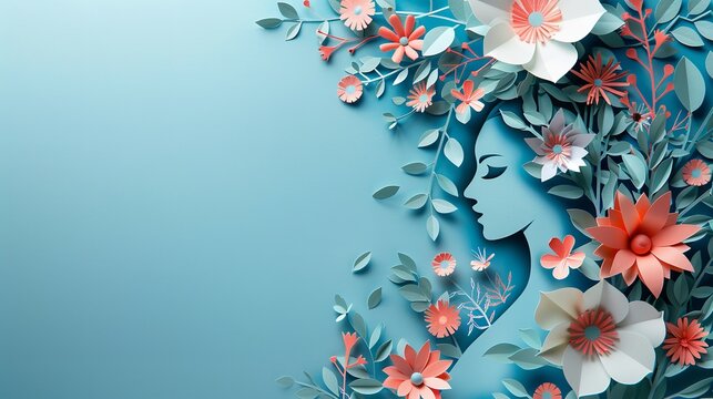 Paper cut illustration of a face and flowers with copy space for women day in a blue backdrop and top view with a big space for text or product, Generative AI.