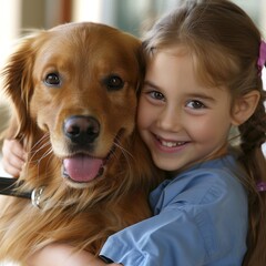 Smiling Child Embracing Golden Retriever Dog
