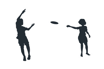 Children playing frisbee. Black isolated silhouette of kids relaxing outdoors. Happy childhood scene. Park summer activity. Girl and boy with disc