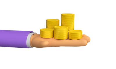 3d pile of coins in hand. Payment of dividend shares, passive income. Profitability concept. 3d illustration