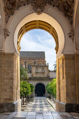 View from under one of the entrance gates of the Mosque–Cathedral of Cordoba, Andalusia, Spain with view on cobblestone black and white footpath in patio de los naranjos (orange trees)