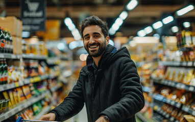 Smiling man shopping in a supermarket with shopping cart