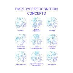 Employee recognition blue gradient concept icons. Team member appreciation. Workplace culture. Worker encouragement. Icon pack. Vector images. Round shape illustrations. Abstract idea