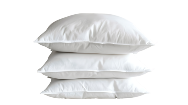 Stack of three white pillows on transparent background 