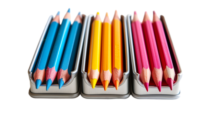 Three colorful pencils in metal pencil boxes on isolated transparent background 