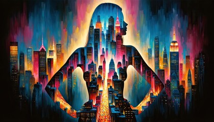 Illuminated silhouette of woman absorbs vibrant cityscape in mesmerizing painting