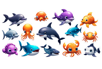 Set of Ocean Creatures on isolated on transparent png background. Generative ai	
