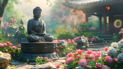 statue of buddha in floral garden  - obrazy, fototapety, plakaty