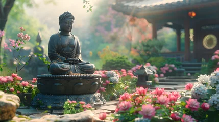 Foto op Canvas statue of buddha in floral garden  © Akash Tholiya