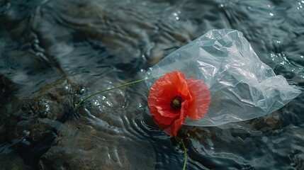 A bright poppy floats on water, wrapped in plastic, contrasting the ephemeral with the eternal. This image suits environmental and philosophical themes, ideal for articles, educational content