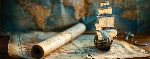 A detailed model sailing ship rests on a weathered vintage map, accompanied by classic nautical...