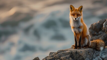 A fox surveys its coastal domain from atop a rocky outcrop, a symbol of adaptability and cunning. This image serves well for nature and wildlife themes, suitable for articles, displays - obrazy, fototapety, plakaty