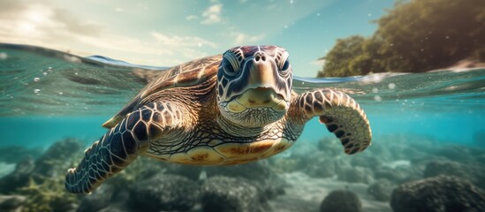 portrait of a turtle under sea water - obrazy, fototapety, plakaty