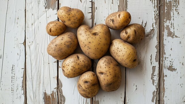 A heart-shaped potato amidst a group on a white rustic wooden background; a comforting image perfect for themes of home-cooked meals and organic produce. Suitable for culinary articles, recipe books