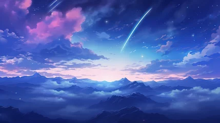 Foto auf Leinwand Heavenly star falls: a captivating anime sky wallpaper with glowing stars and planets in a digital art style © Ameer